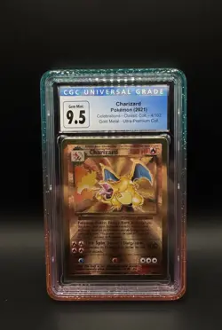CGC 9.5 Blue Label Pokemon Card Charizard #4 Gold Metal Celebrations UPC 25th - Image 1