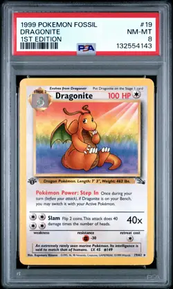 1999 POKEMON FOSSIL 1ST EDITION #19 DRAGONITE PSA 8 - Image 1