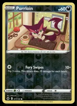 Purrloin 077/159 Common Crown Zenith Pokemon Reverse Holo Near Mint - Image 1