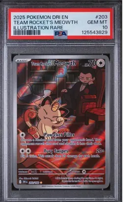 2025 Pokemon Tean Rocket's Meowth 203/182 DRI EN ILLUSTRATION RARE GEM-MT PSA 10 - Image 1