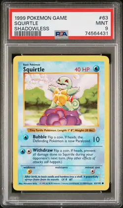 1999 Pokemon TCG Squirtle SHADOWLESS BASE SET #63 PSA 9 Mint Basic Card - Image 1