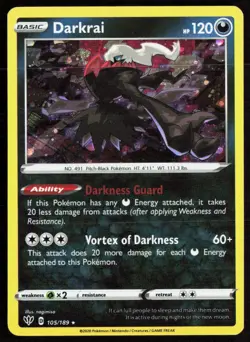 Darkrai 105/189 Holo Rare 2020 Darkness Ablaze Pokemon Lightly Played - Image 1