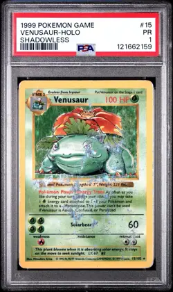 PSA 1 Venusaur Shadowless Holo 15/102 Base Set 1999 Pokemon WoTC PR - Image 1