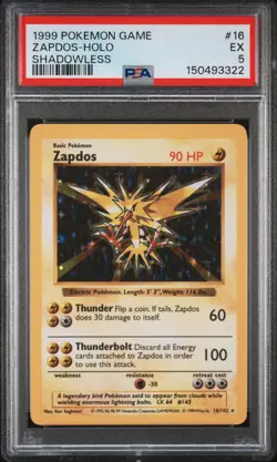 1999 POKEMON BASE SET SHADOWLESS #16 ZAPDOS-HOLO PSA 5 - Image 1