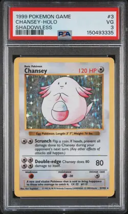 1999 POKEMON BASE SET SHADOWLESS #3 CHANSEY-HOLO PSA 3 - Image 1