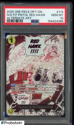 2025 One Piece OP11 EN #114 G/G F/F Pistol Red Hawl ALT ART PSA 10 GEM MINT - Image 1