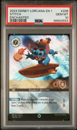 Disney Lorcana PSA 10 Stitch Carefree Surfer Enchanted 206/204 First Chapter EN1 - Image 1