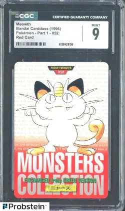 1996 Pokemon Vintage Bandai Carddass Part 1 #52 Red Card Meowth 9 CGC Mint - Image 1