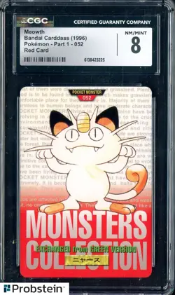 1996 Pokemon Vintage Bandai Carddass Part 1 #52 Red Card Meowth CGC 8 Mint - Image 1