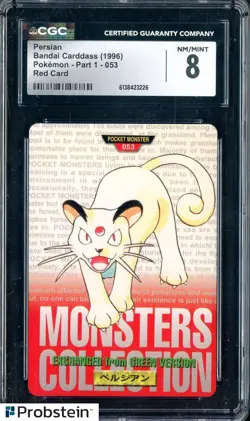 1996 Pokemon Vintage Bandai Carddass Part 1 #53 Red Card Persian CGC 8 Mint - Image 1