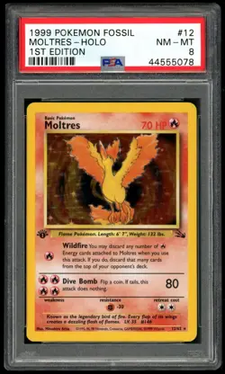 1999 POKEMON MOLTRES-HOLO 1ST EDITION FOSSIL #12 PSA 8 - Image 1