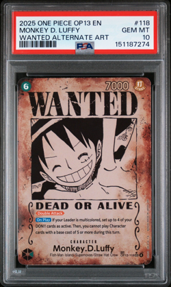 2025 ONE PIECE MONKEY D. LUFFY WANTED ALT ART CARRYING ON HIS WILL #118 PSA 10 - Image 1