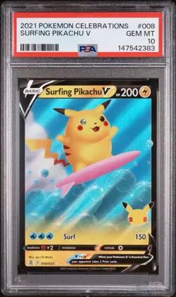 Surfing Pikachu V 008/025 Pokemon Celebrations Card - PSA 10 GEM MT - Image 1