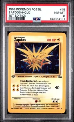 POKEMON ZAPDOS 1999 FOSSIL 1ST EDITION #15 HOLO PSA 8 - Image 1