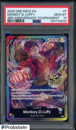 2025 One Piece EN 3rd Anniversary Tournament Monkey D Luffy PSA 10 GEM MINT - Image 1