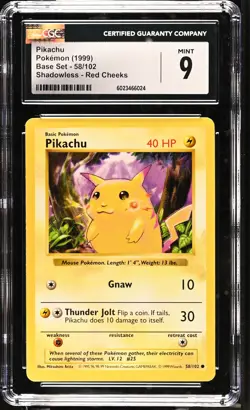 CGC 9 MINT Pikachu 1999 Base Set 58/102 Shadowless Red Cheeks Pokemon Card - Image 1