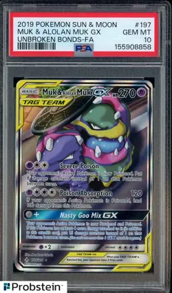 2019 Pokemon Sun & Moon Unbroken Bonds #197 Muk & Alolan Muk GX PSA 10 GEM - Image 1