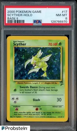 2000 POKEMON GAME BASE II #17 SCYTHER-HOLO BASE II PSA 8 NM-MT - Image 1