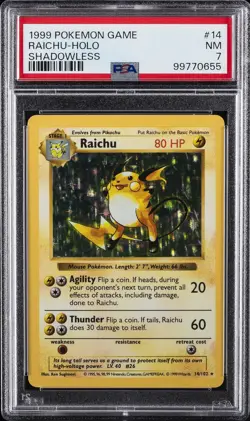1999 POKEMON BASE SET SHADOWLESS #14 RAICHU-HOLO PSA 7 - Image 1