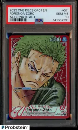 2022 One Piece OP01 EN Alternate Art #001 Roronoa Zoro PSA 10 GEM MINT - Image 1