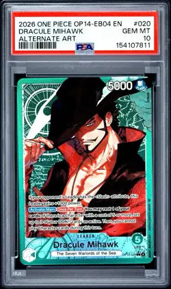 PSA 10 Dracule Mihawk (Alternate Art) OP14-020 Azure Sea's Seven Foil One Piece - Image 1
