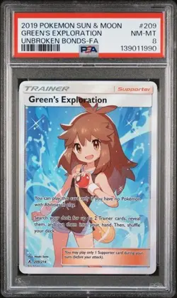 PSA 8 GREEN'S EXPLORATION 209 UNBROKEN BONDS SUN & MOON TRAINER POKEMON - Image 1