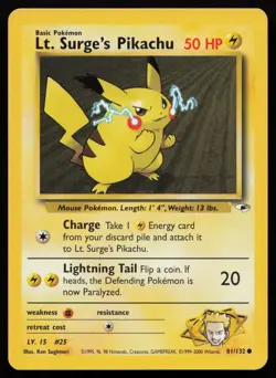 Lt. Surge's Pikachu 81/132 Unlimited Common Gym Heroes Pokemon English NM - Image 1
