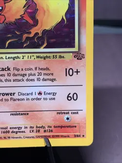 Pokemon TCG Flareon 3/64 Jungle Set Unlimited Holo Rare 1999 WOTC VTG - Image 4
