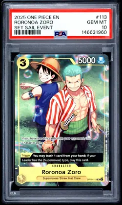 2025 ONE PIECE PROMOS SET SAIL EVENT #113 RORONOA ZORO PSA 10 - Image 1