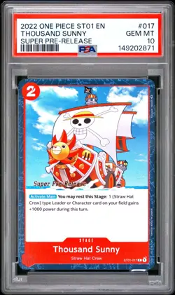 2022 ONE PIECE SUPER PRE RELEASE ST01-017 THOUSAND SUNNY PSA 10 GEM MINT - Image 1
