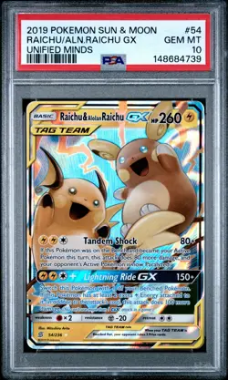 2019 POKEMON SUN & MOON UNIFIED MINDS #54 RAICHU & ALOLAN RAICHU GX PSA 10 - Image 1