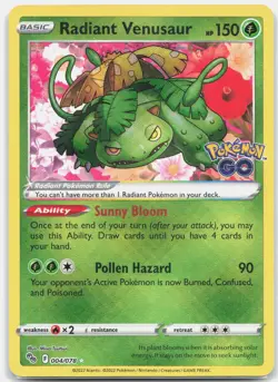 Radiant Venusaur Radiant Rare Pokemon GO PGO Grass Holo 004/078 2022 NM - Image 1
