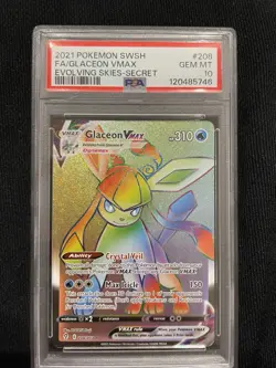 2021 Pokemon SWSH Evolving Skies Glaceon VMAX Rainbow Rare Card 208/203 PSA 10 - Image 1