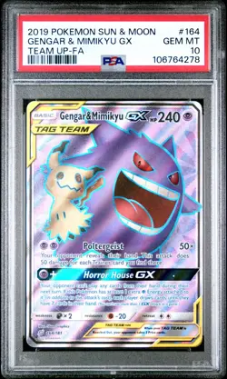 2019 POKEMON SUN & MOON TEAM UP #164 GENGAR & MIMIKYU GX PSA 10 - Image 1