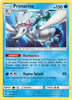 Primarina 67/214 Rare SM - Lost Thunder Pokemon Card - Image 1