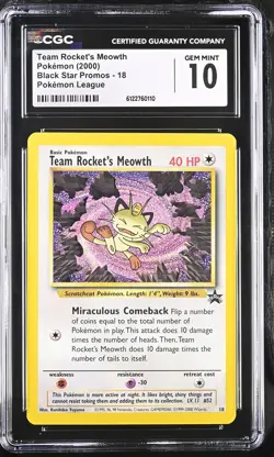 CGC 10 GEM MINT Team Rocket's Meowth 18 Wotc Black Star Promo Pokemon Card - Image 1