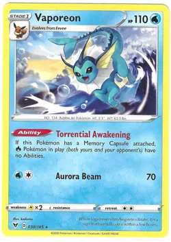 POKEMON VIVID VOLTAGE RARE VAPOREON 030/185 NM/MINT PACK FRESH - Image 1
