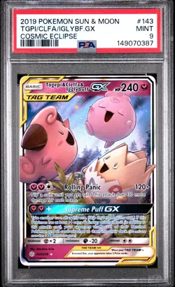 2019 POKEMON SUN & MOON COSMIC ECLIPSE #143 TOGEPI & CLEFFA & IGGLYBUFF GX PSA 9 - Image 1