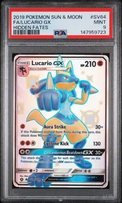 2019 POKEMON SUN & MOON HIDDEN FATES #SV64 FULL ART/LUCARIO GX PSA 9 - Image 1