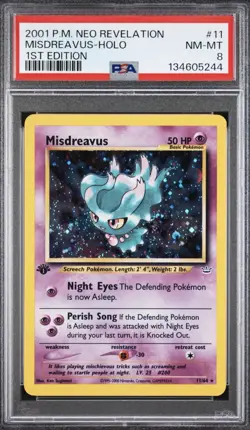 2001 Pokemon 1st Edition Neo Revelation Misdreavus Holo 11/64 with Swirl PSA 8 - Image 1