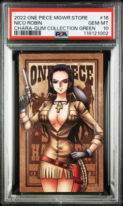 2022 One Piece Mugiwara Store Nico Robin CharaGum Collection Sticker Green PSA10 - Image 1