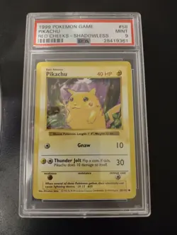 1999 POKEMON BASE SET RED CHEEKS-SHADOWLESS #58 PIKACHU PSA 9 - Image 1