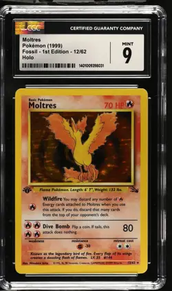 CGC 9 MINT Moltres 12/62 Fossil 1st Edition Holo Pokemon Card - Image 1