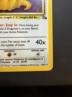 1999 Pokemon TCG Fossil Unlimited Dragonite Holo 4/62 LP - Image 4