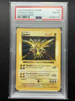 1999 Pokemon Game Zapdos Base Set Holo Shadowless #16 EX-MT PSA 6 - Image 1