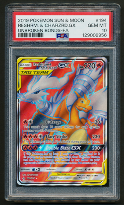 Reshiram & Charizard GX 194/214 Holo Rare Pokemon 2019 Unbroken Bonds PSA 10 GEM - Image 1