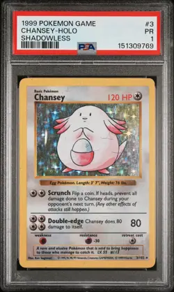 1999 POKEMON GAME SHADOWLESS #3 CHANSEY-HOLO PSA 1 - Image 1