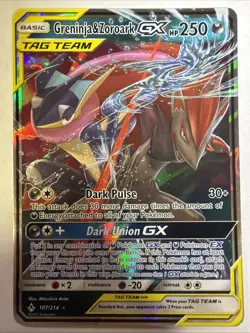 ULTRA RARE Greninja & Zoroark GX Tag Team 107/214 Pokemon SM Unbroken Bonds - LP - Image 1