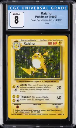1999 POKEMON BASE SET - UNLIMITED - HOLO #14/102 RAICHU CGC 8 - Image 1