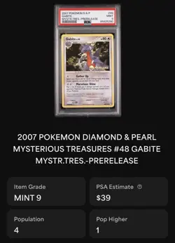 LOW POP PSA 9 prerelease Gabite Mysterious Treasures #48 2007 Pokemon English pr - Image 2
